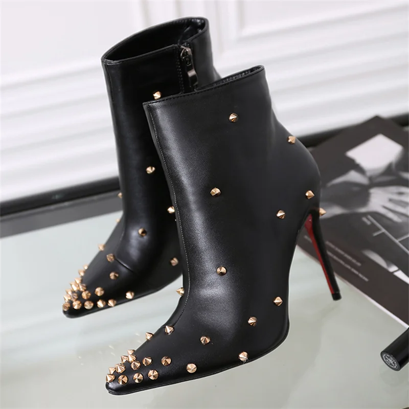 VCSHOES Women Genuine Leather Boots Solid Leather Golden Rivets Embellished Pointed Toe 11cm Thin High Heels Ankle Booties