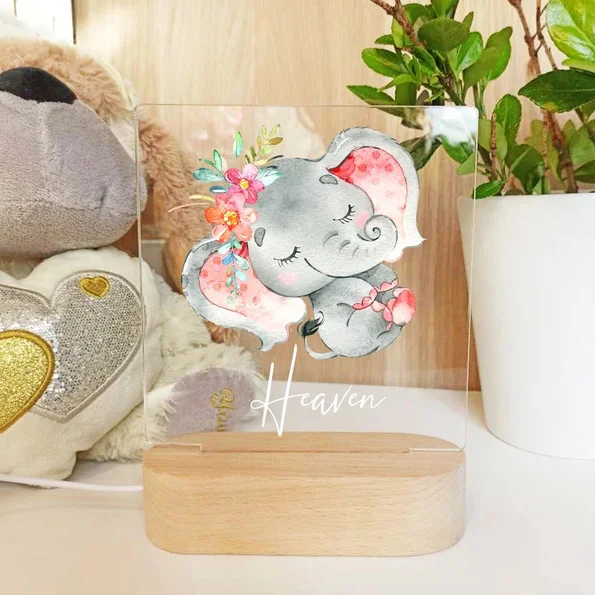 Personalized Baby Pink Elephant Night Light Custom Name LED Lamp Room Decor Baby Gift for Kids Girls