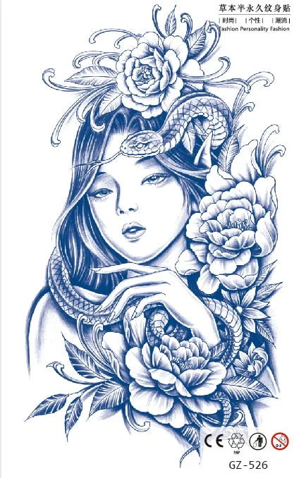 Temporary Waterproof Tattoo Stickers Seductive Snake Flower Ink Lasting Sexy Girls Arm Chest Waist Buttocks Realistic Fake Tatoo