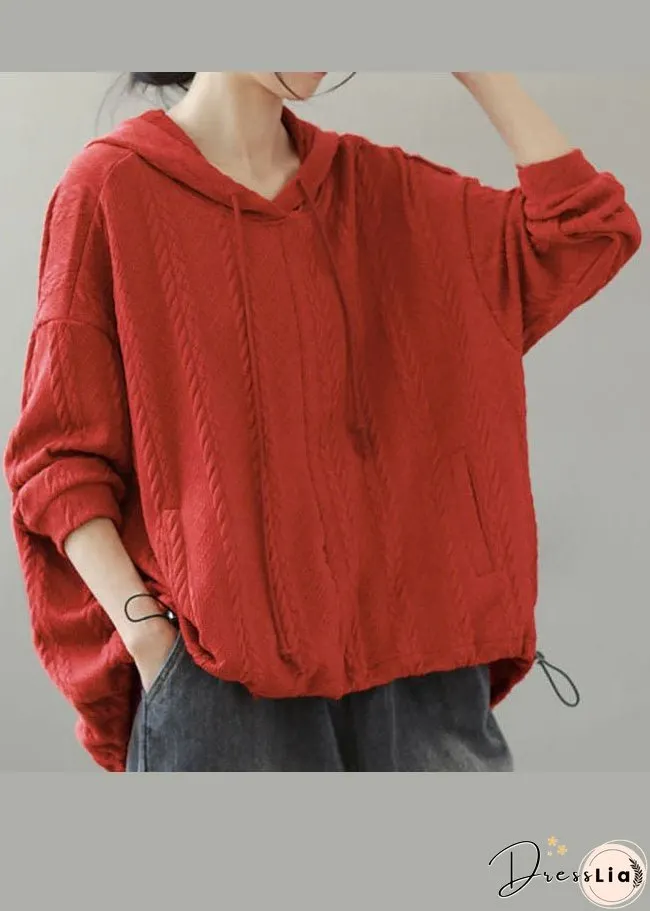 Women Orange Hooded Drawstring Knit Hooded Tops Winter