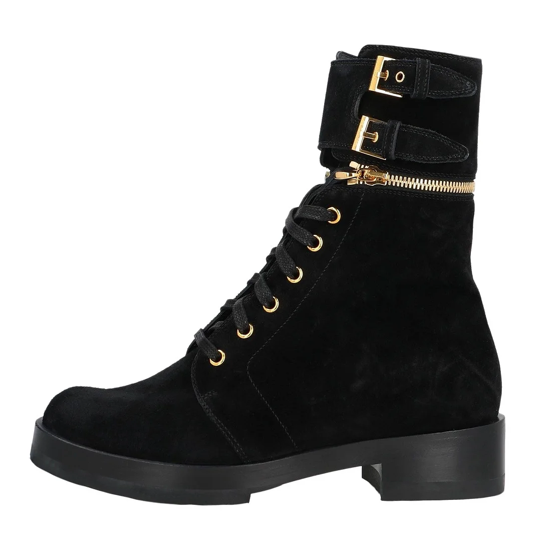 Women&lsquo;s Black Platform Lace Up Buckled Low Block Heeled Ankle Boots