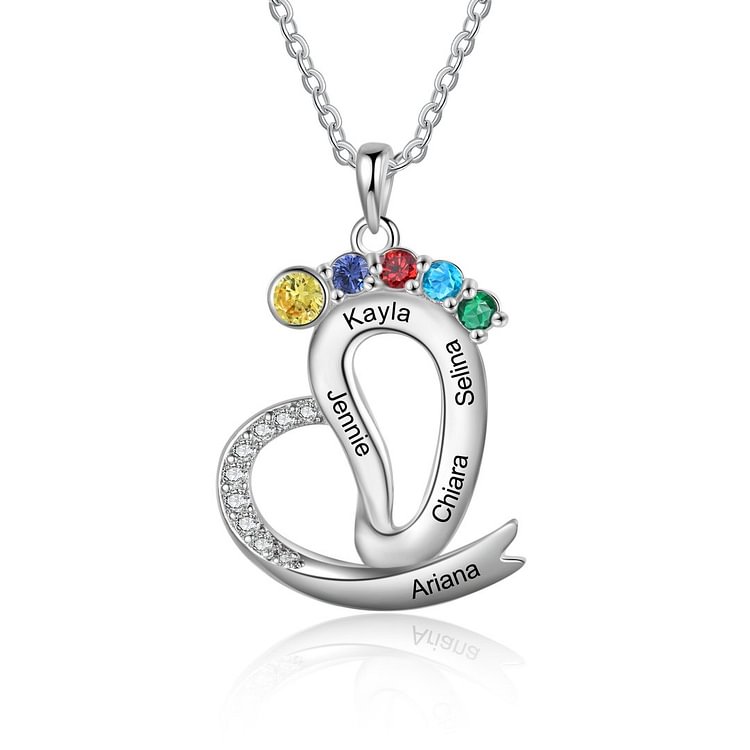 Collar 5 nombres personalizados pie de bebé con 5 piedras de nacimiento huella