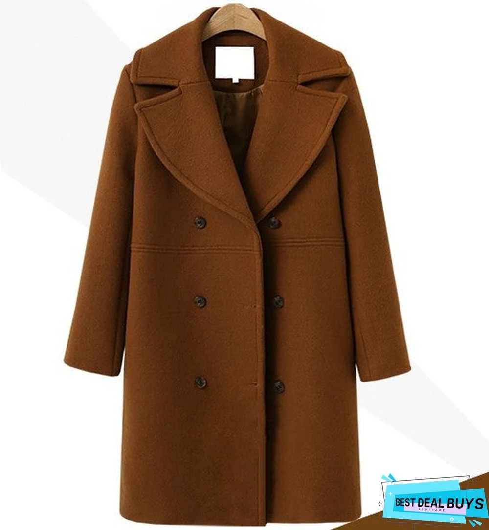 Wool Coat Women's Double Breasted Long Windbreaker Woolen Coat