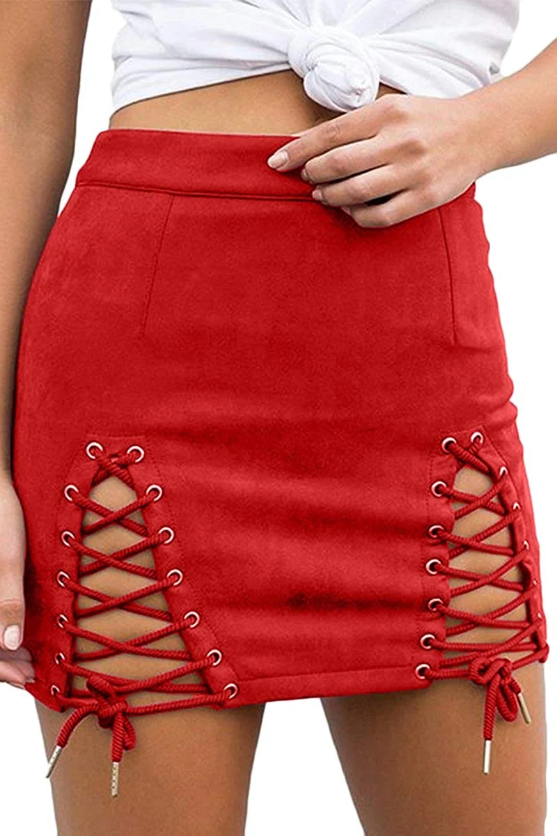 Womens Sexy High Waist Lace up Bodycon Faux Suede Split Tight Mini Skirt