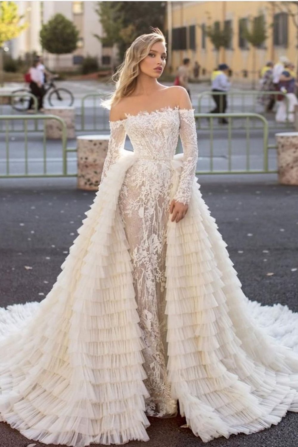 Chic Mermaid Off the Shoulder Long Sleeves Wedding Dress With Train | Ballbellas Ballbellas