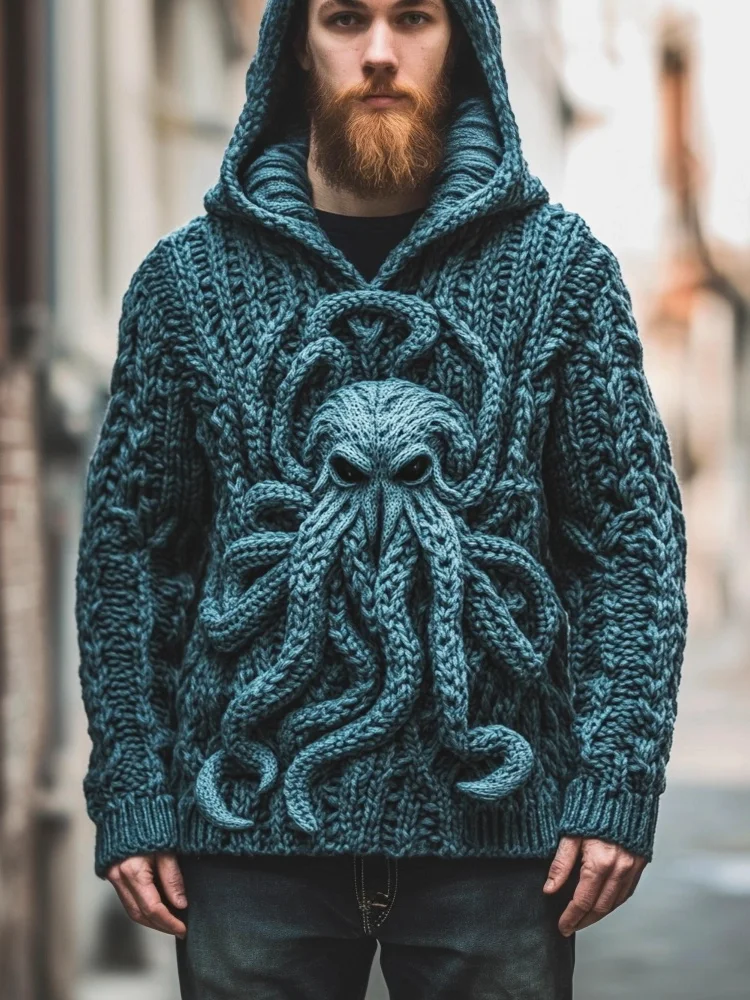 Ocean Octopus Cthulhu Knit Pattern Men's Hooded Sweater