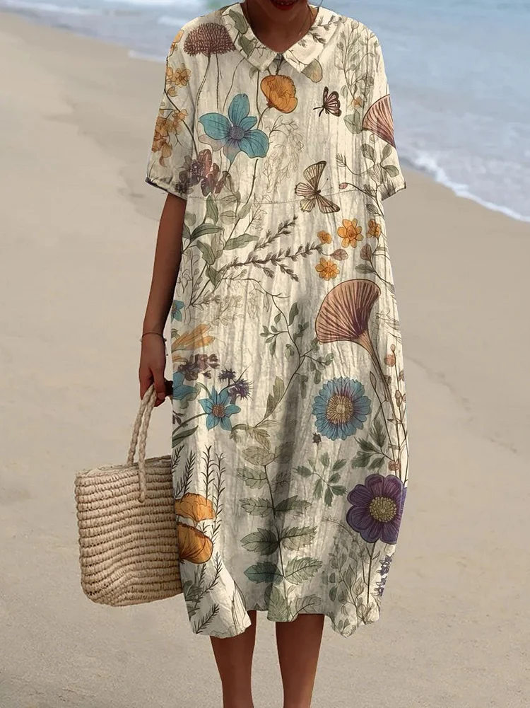 Women's Vintage Lovely Floral Art Print Pocket Linen Dress