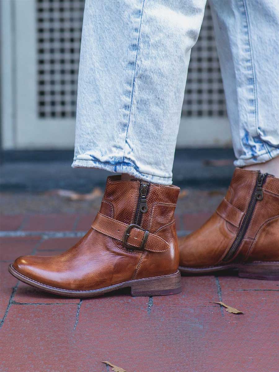 Brown Vegan Leather Round Toe Buckle Strap Side-Zip Heeled Ankle Boots