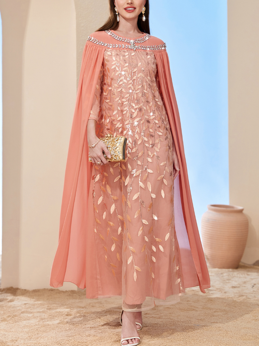 Leaf Embroidery Rhinestone Round Neck Cape Fake Two-piece Kaftan | Oxredo Shop Ramadan Sale