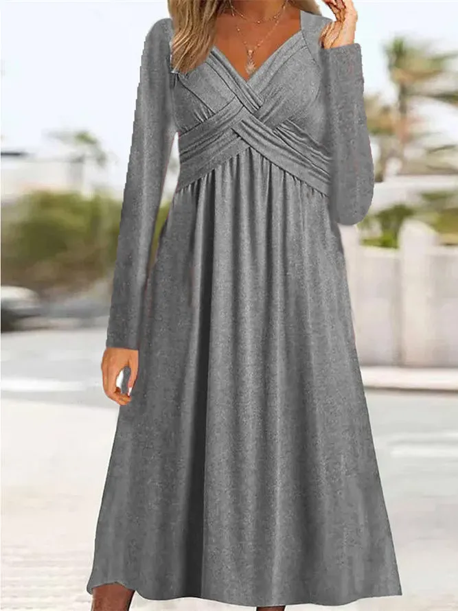 Women's Lace-up Solid Color V-Neck Long Sleeve Maxi Dress