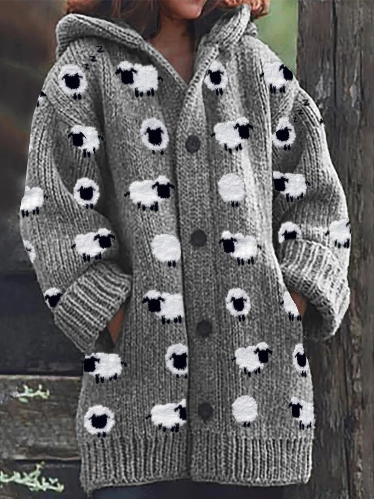 VChics Lovely Fuzzy Sheep Pattern Cozy Hooded Cardigan