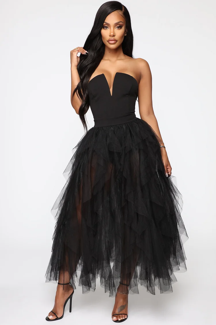 Tube V-Neck Slip Tulle Black Prom Dresses