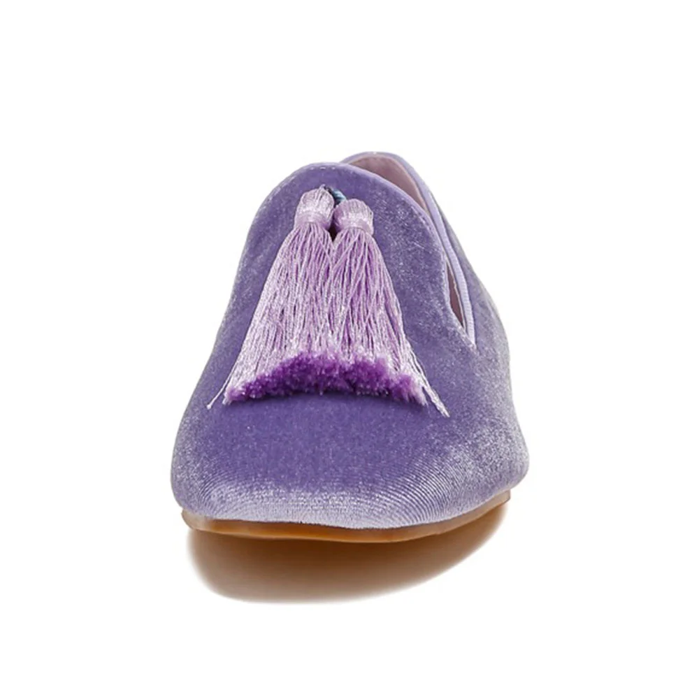 Velvet Tassel Decor Round Toe Loafer Shoes Women in Purple