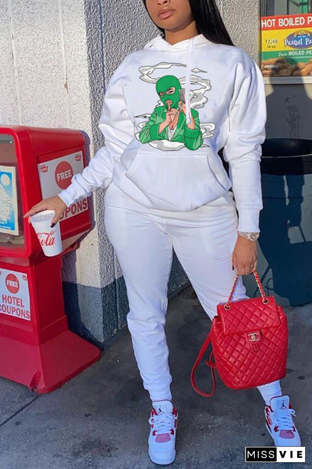 Street Print Pocket Hooded Collar Long Sleeve Two Pieces