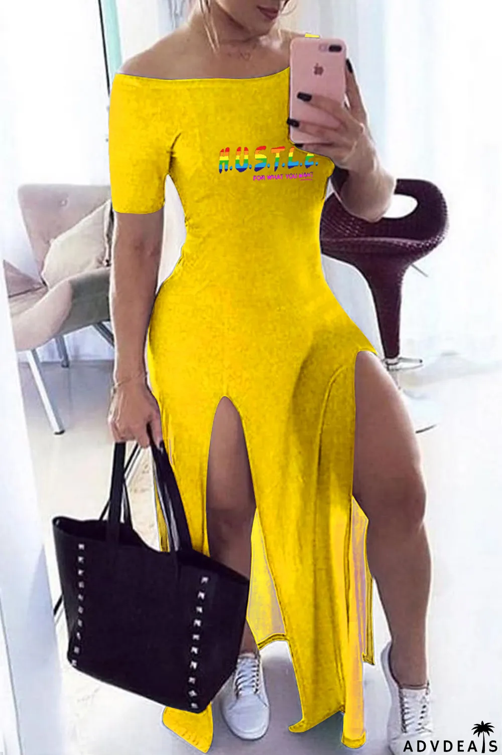 Grey Fashion Casual Print Slit Off the Shoulder Short Sleeve Dress Dresses