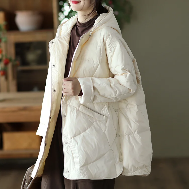Literary Solid Color Hooded Down Coat - yankia