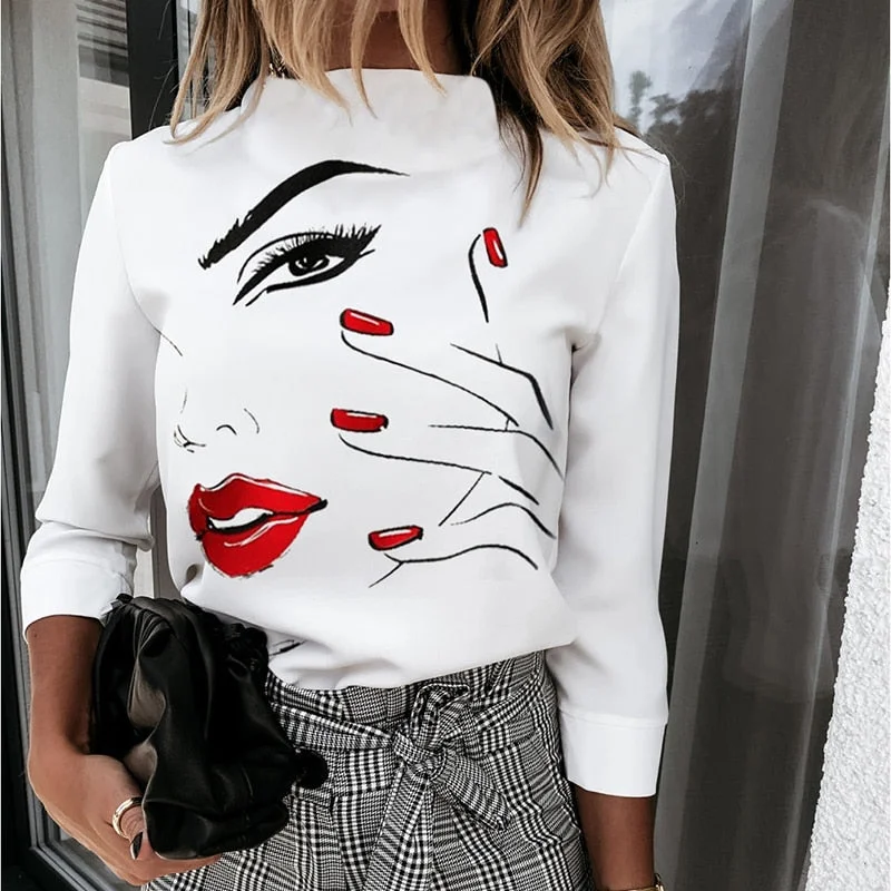 New Fashion Women Office Lady Stand Collar Print Blouse Casual Fall Winter Slim Solid Color Long Sleeve Top Elegant Party Shirts