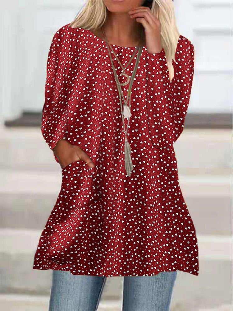 Women's Long Sleeve Scoop Neck Polka Dot Printed Graphic Top
