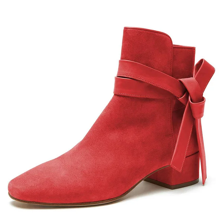 Red Vegan Suede Zip Booties Strappy Bow Chunky Heel Ankle Boots |FSJ Shoes