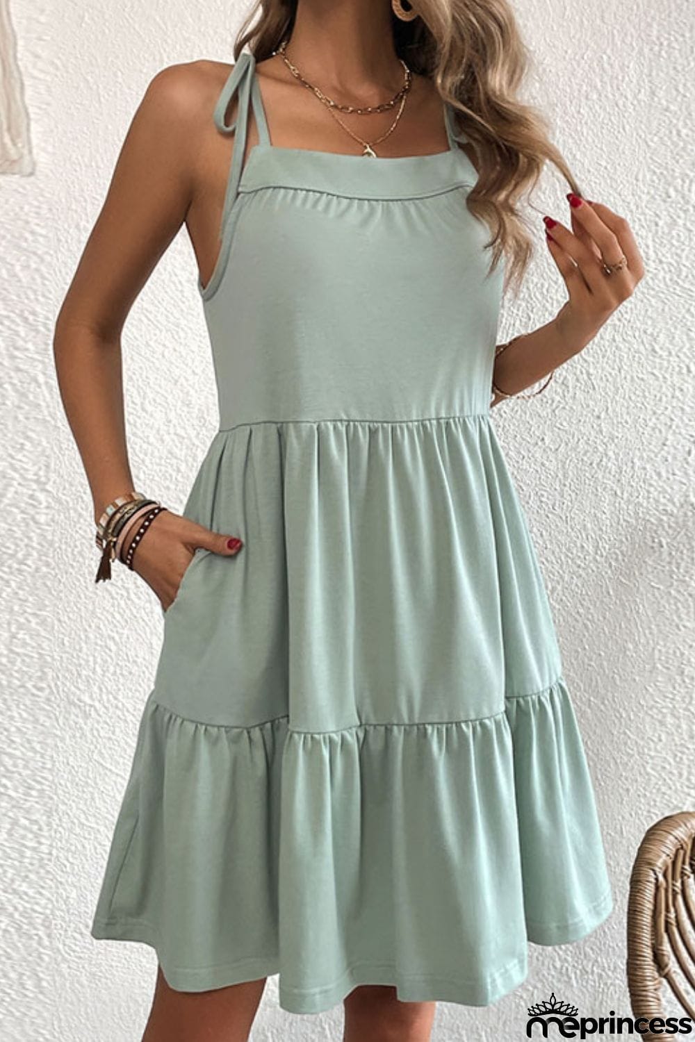 Tie-Shoulder Tiered Dress with Pockets