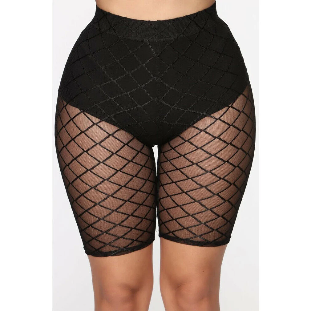 2019 Women Fishnet High Waist Shorts Fashion Mesh Sheer See Through Hollow Legging Shorts Swimwear Casual Skinny Trousers