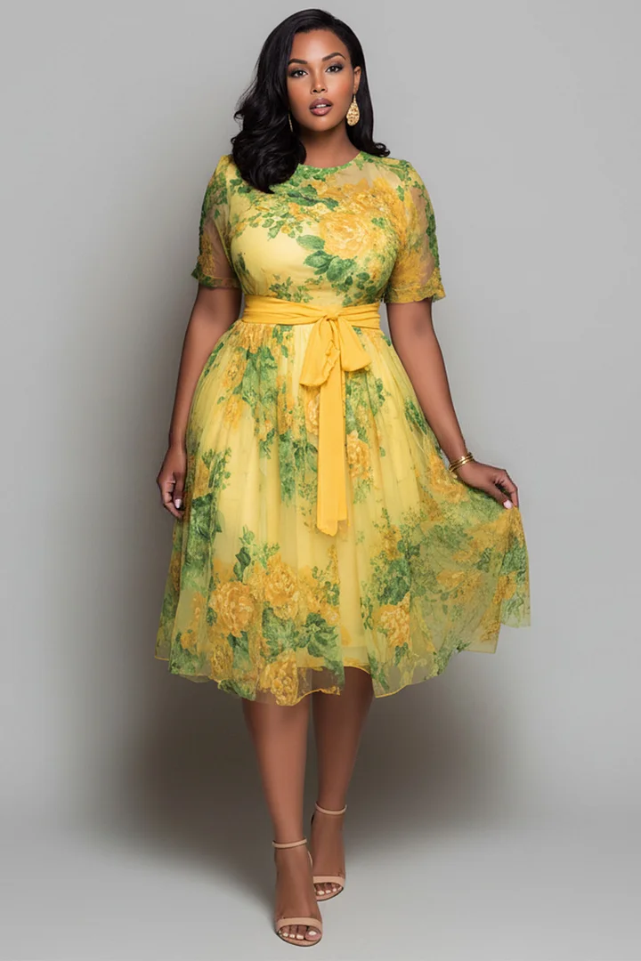Xpluswear Design Plus Size Wedding Guest Yellow Floral Round Neck Short Sleeve Wrap Chiffon Midi Dresses 2024 - Xpluswear