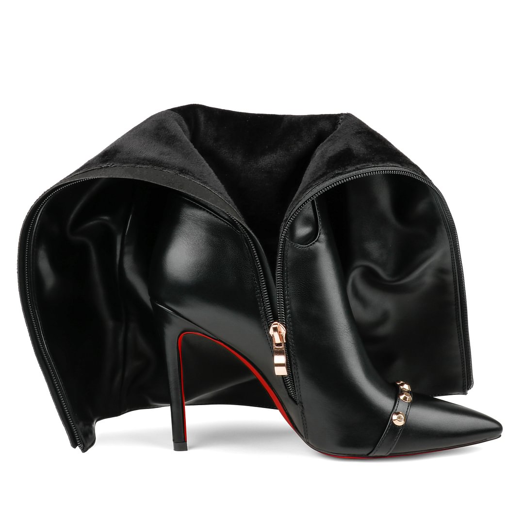 100mm Women's Fashion Zipper Leather High Heels Knee Boots Red Bottom Shoes-MERUMOTE