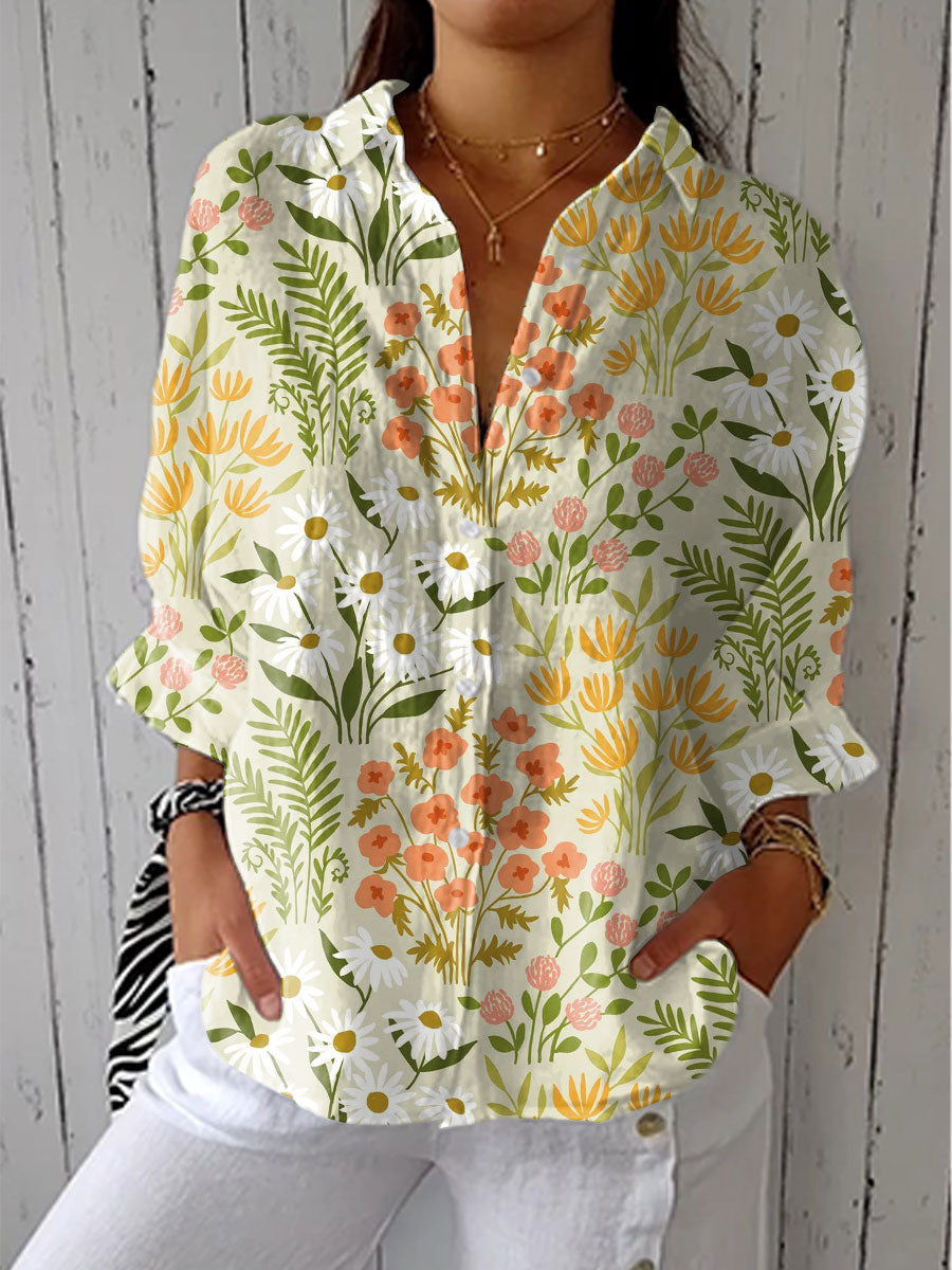 Women's Vintage Floral Art Print Casual Linen V-neck Shirt