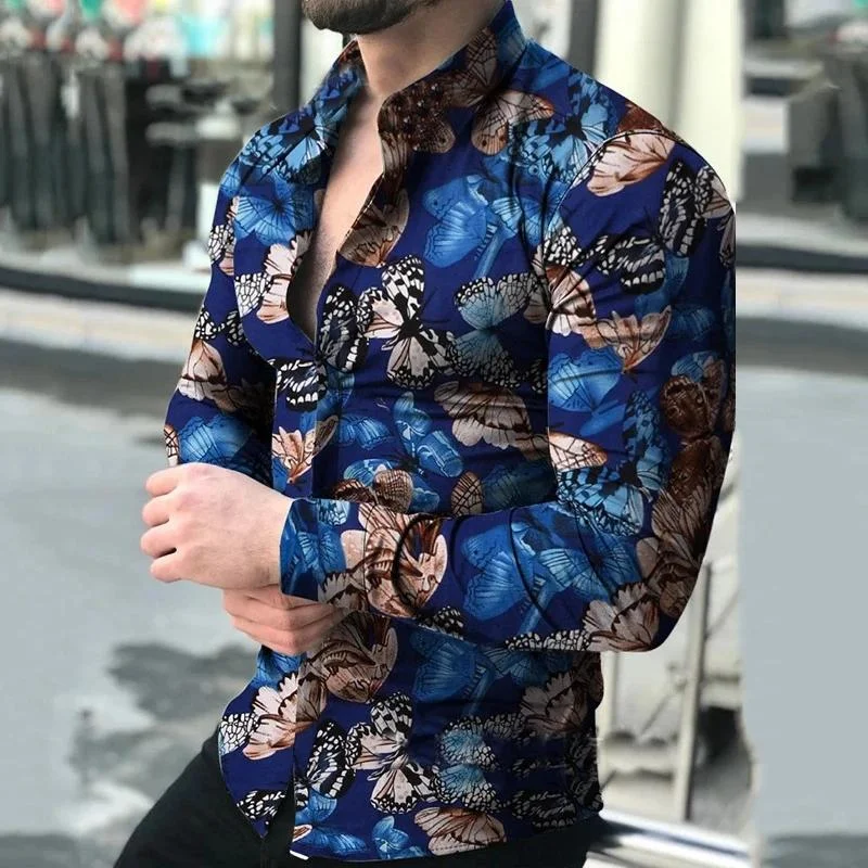 Men's Fashion Casual Long Sleeve Flower Shirt