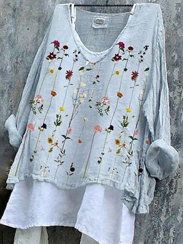 Vintage Floral Cotton Linen V Neck Casual Shirt