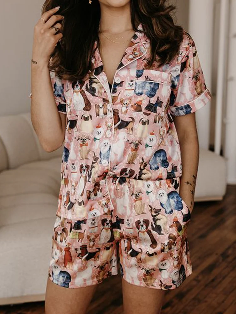 Western Casual Cute Puppies Print Silk Short Sleeves Pajama Set