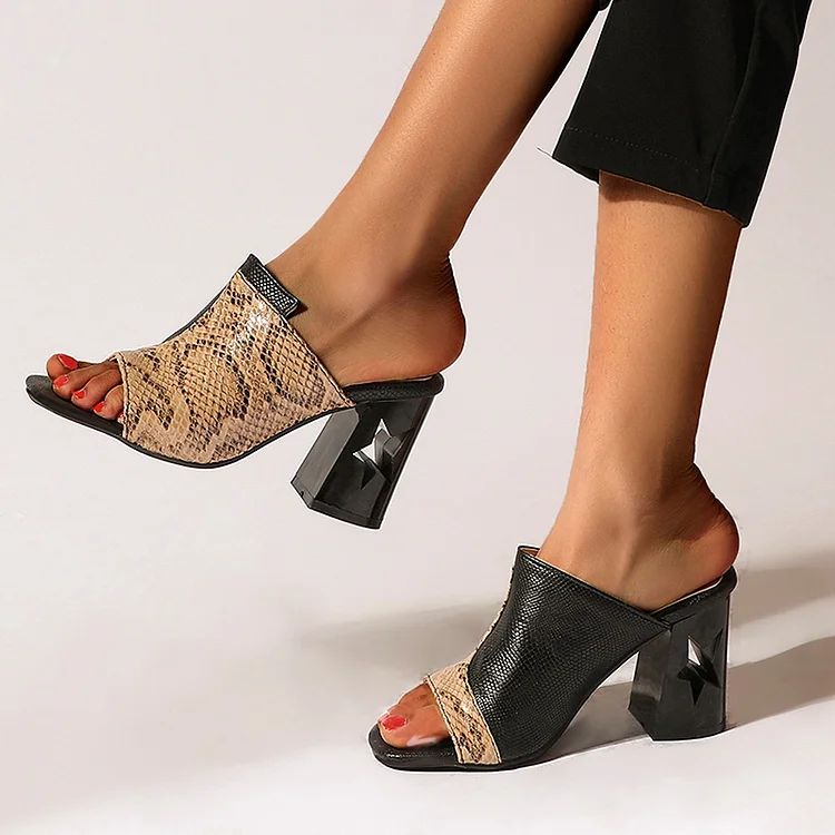 Black Open Toe Snakeskin Shoes Chunky Heel Mules Sandals |FSJ Shoes