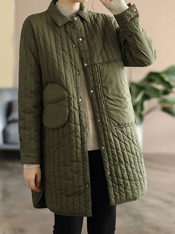 Long Sleeves Loose Asymmetric Buttoned Pockets Quilted Solid Color Split-Side Lapel Padded Coat