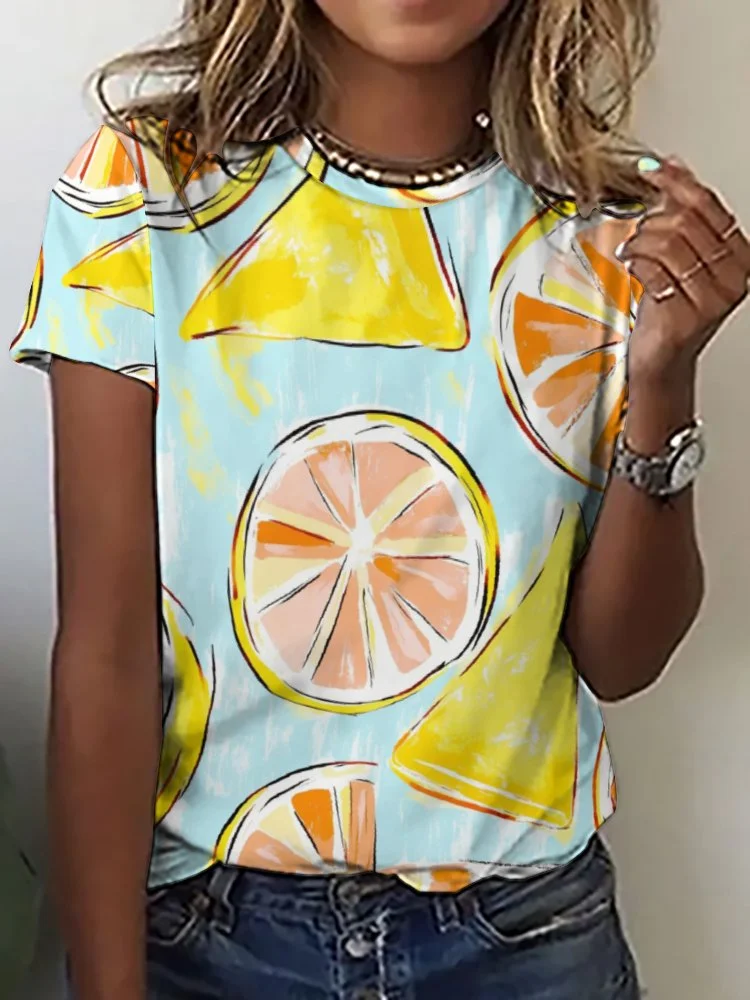 Printed Short Sleeve Casual T-shirt for  Women and Men Unisex Pattern Lemon, Summer, Yellow