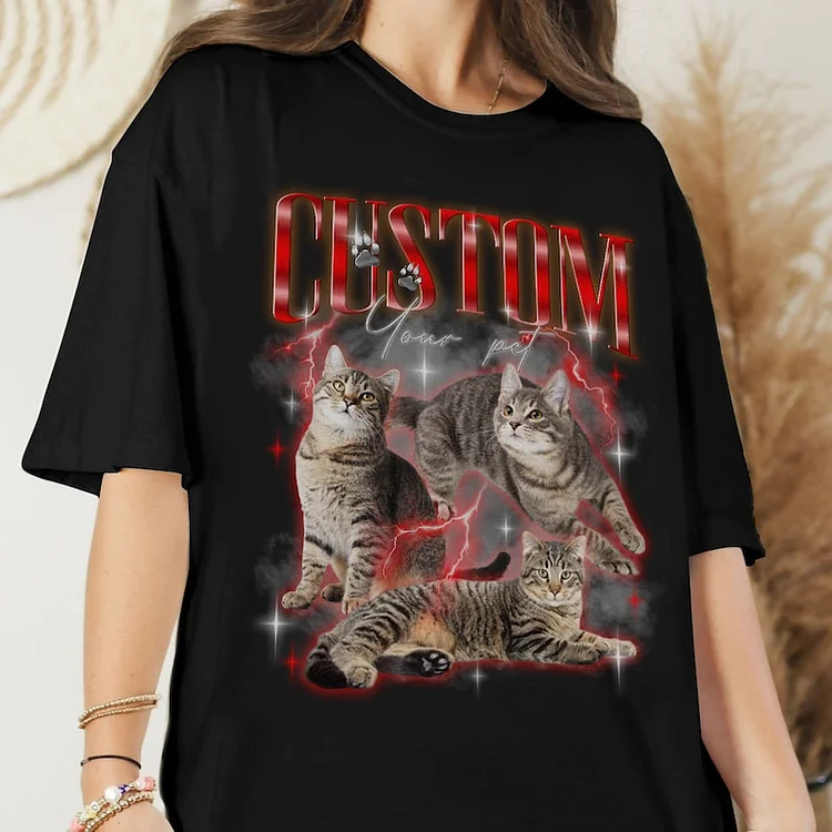 Custom Pet Photo Funny Vintage Tee & Hoodie - Red Shirt with Dog & Cat Design