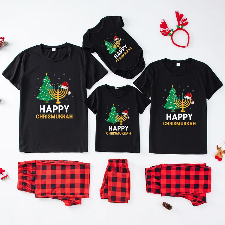 Happy Christmukkah Red Plaids Short Sleeve Family Matching Pajamas Set