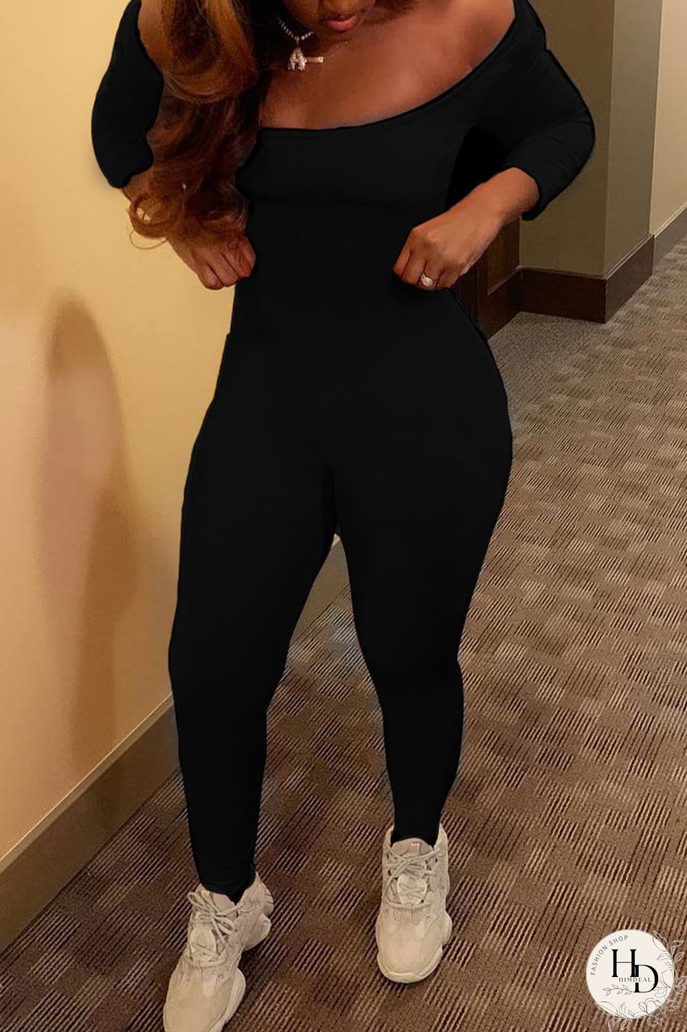 Tangerine Sexy Solid Split Joint Off the Shoulder Skinny Jumpsuits