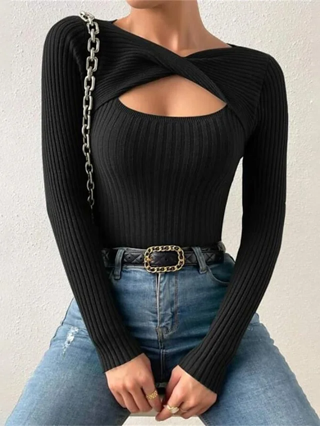 Women's Pullover Sweater jumper Jumper Ribbed Knit Hollow Out Knitted Pure Color V Neck Stylish Casual Outdoor Daily Winter Fall Gray White S M L / Long Sleeve / Holiday / Regular Fit / Going out | IFYHOME