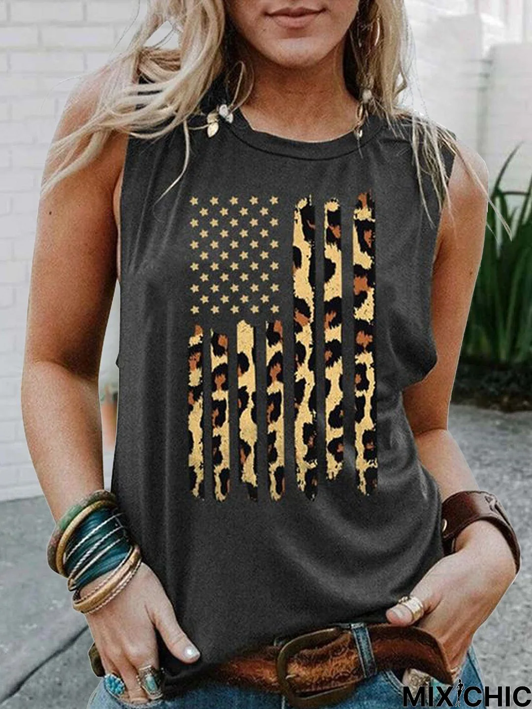 Graphic Sleeveless  Printed  Cotton-blend  Crew Neck  Casual  Summer  Black Top