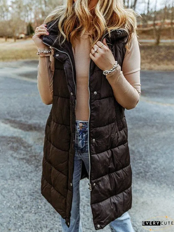 Women's Black Hooded Puffer Vest - Longline