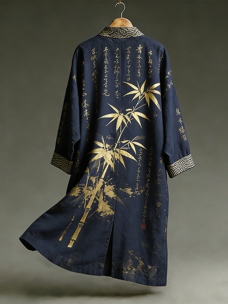 Japanese Art Bamboo Embroidery Indigo Kimono  artssus
