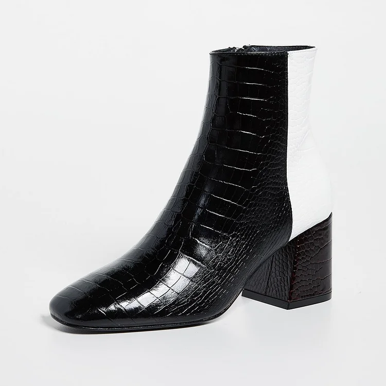 Black and White Lizard Printed Toe Block Heel Ankle Boots |FSJ Shoes