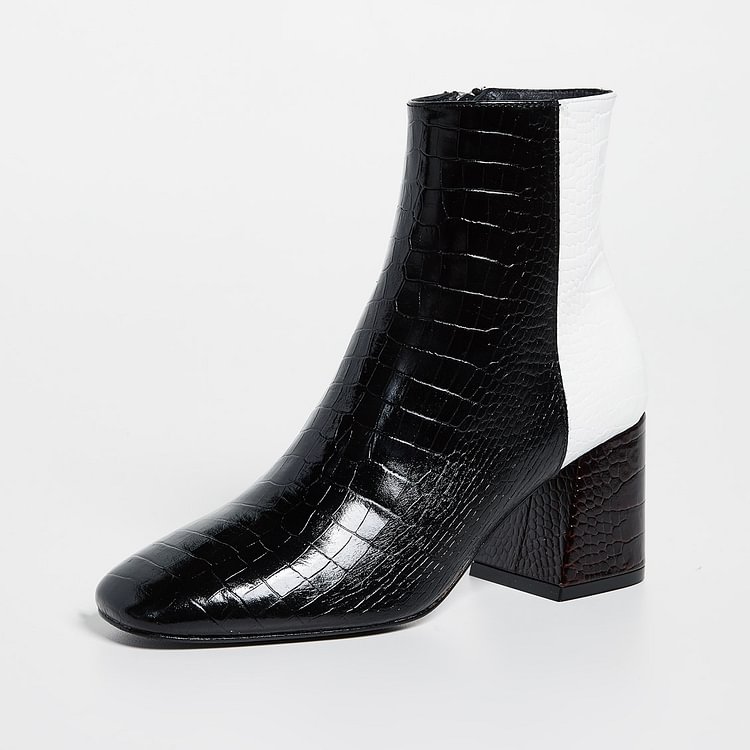 Black and White Lizard Printed Block Heels Ankle Booties with Zipper |FSJ Shoes