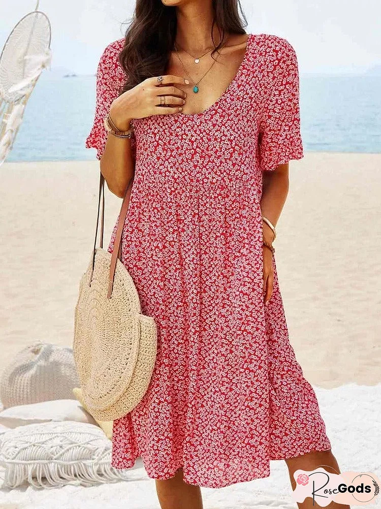 Women Floral Printed Short Sleeve Vintage Boho Weaving Dress