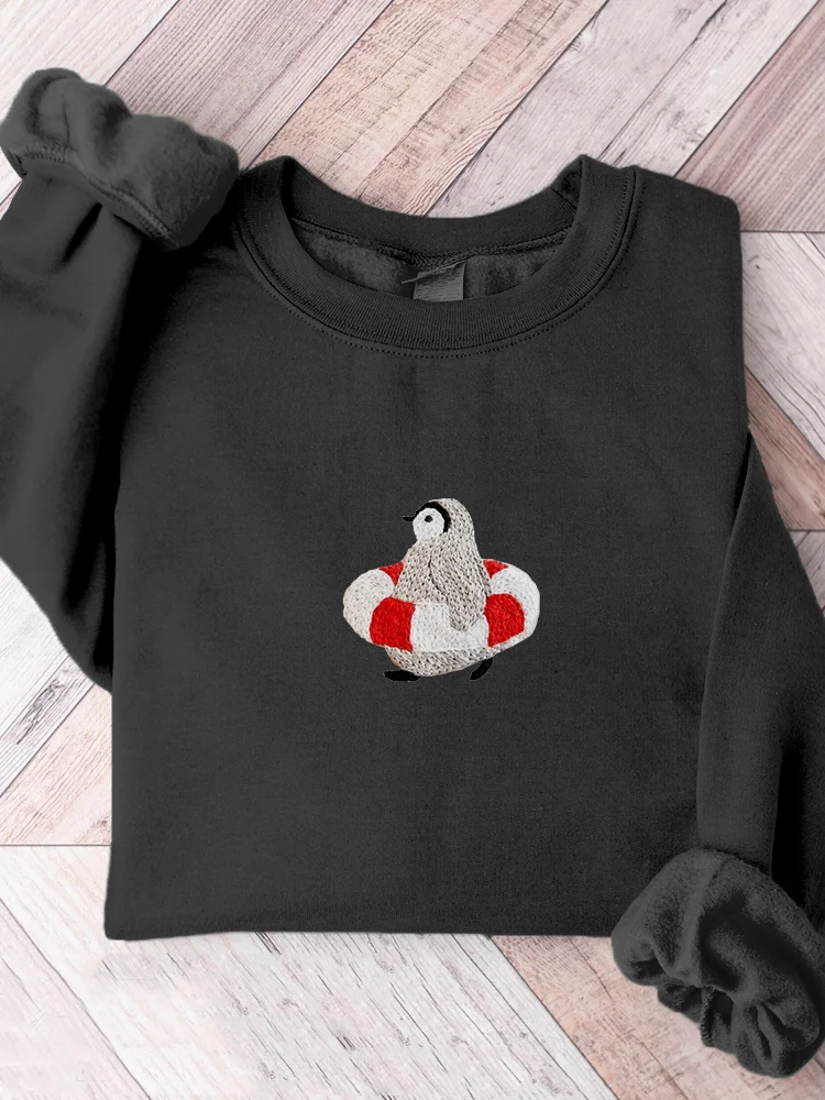 Lovely Penguin Embroidery Art Comfy Sweatshirt