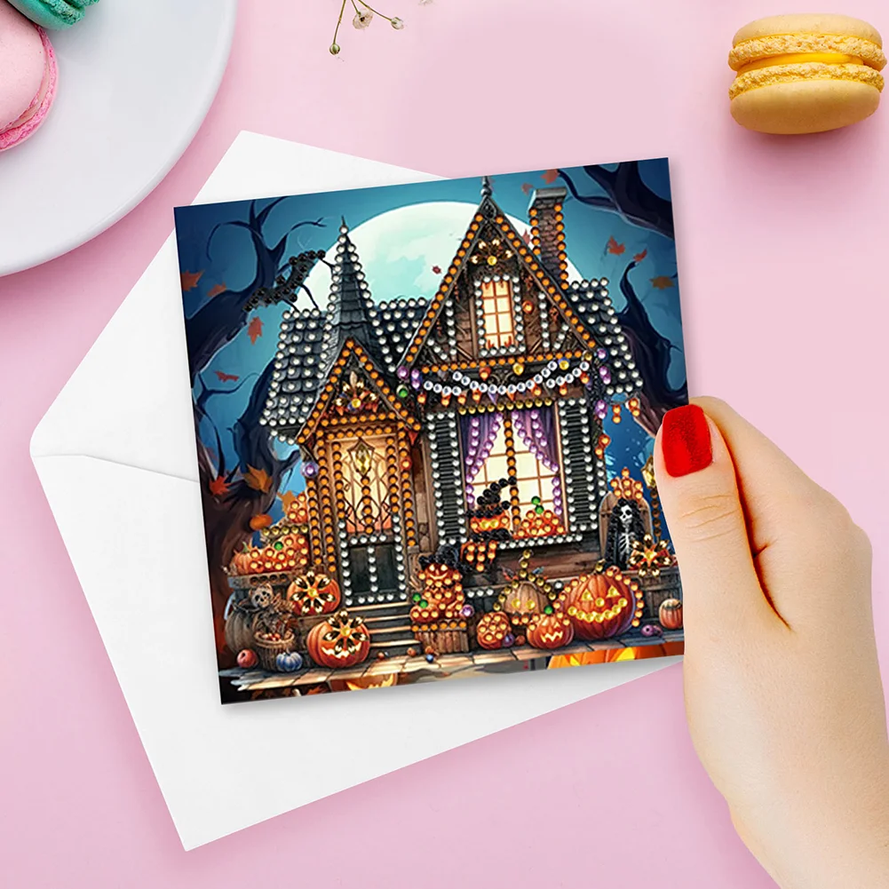 6pcs DIY Halloween House Special Shape Diamond Painting Greeting Card Kit【With White Envelope】