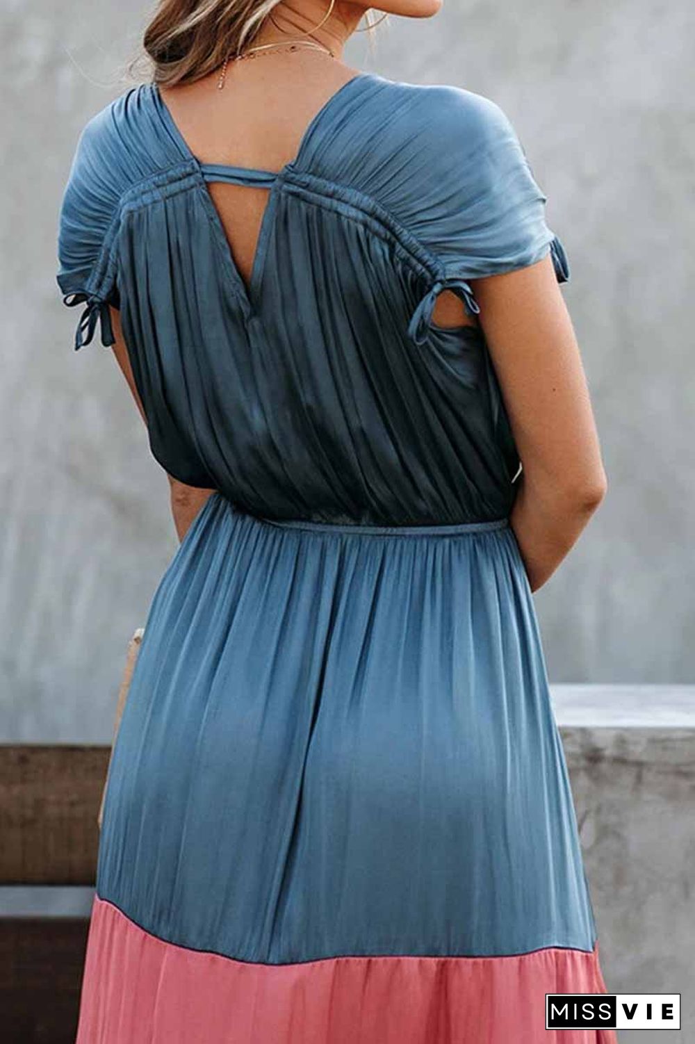 Summer Loose Multicolor Stitching V-Neck Short Sleeves Midi Dress