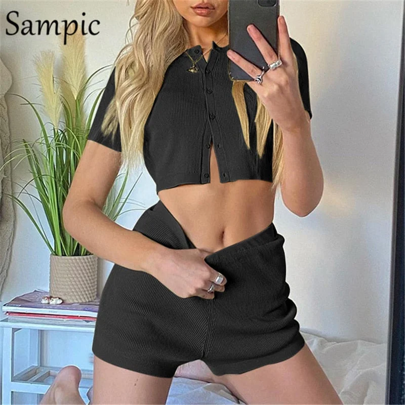 Sampic Summer Casual Knit Tracksuit Women Shorts Set Skinny Short Sleeve Tops And Mini Shorts Suit Two Piece Set Lounge Wear