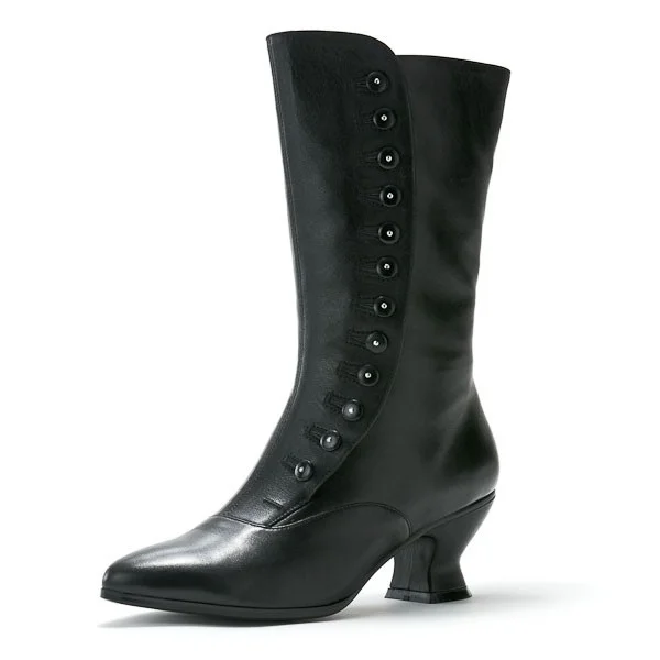 Black Chunky Heel Mid-Calf Witch Costume Button Boots Vdcoo
