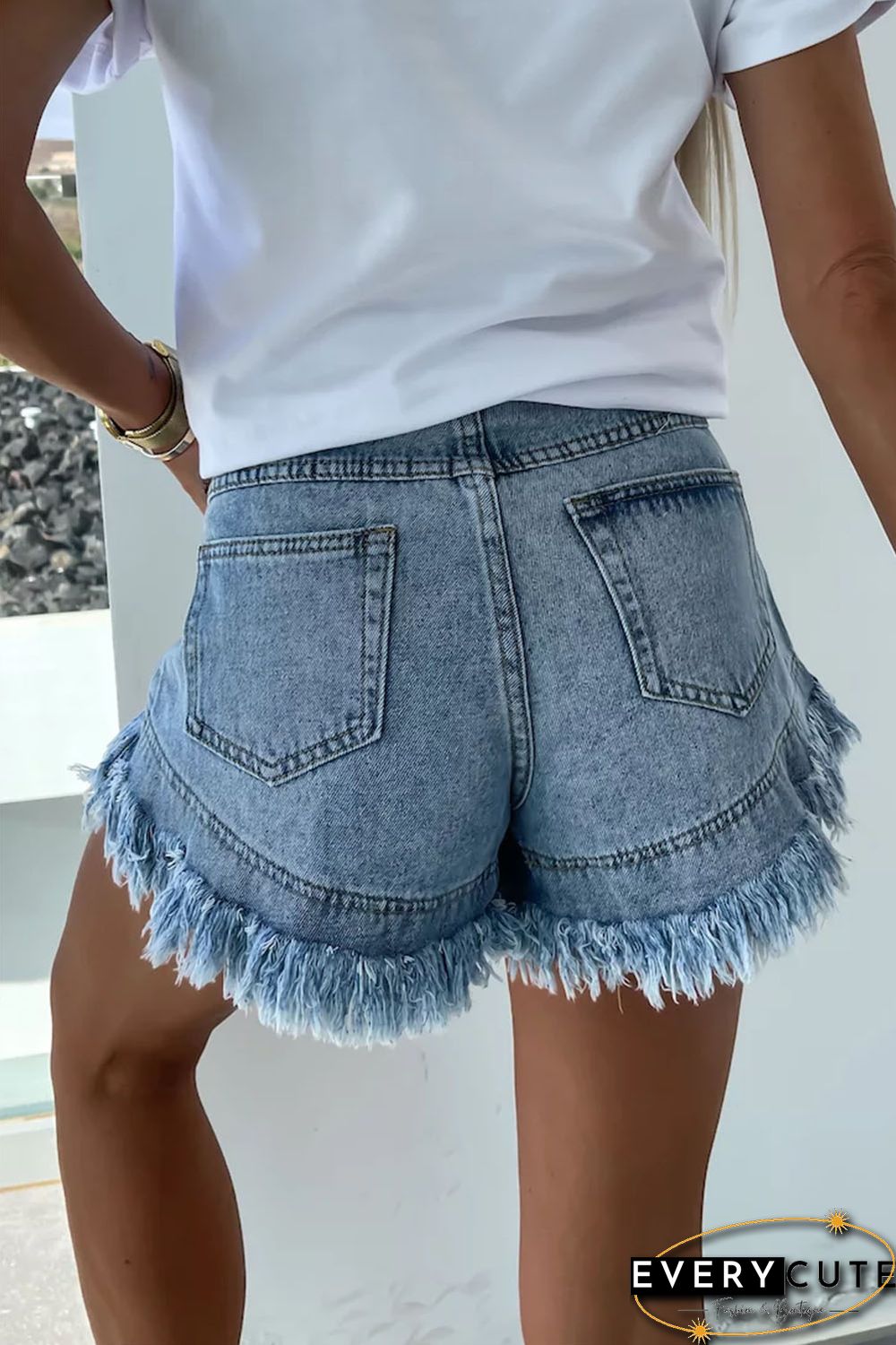 Sky Blue Raw Hem Acid Wash Denim Shorts